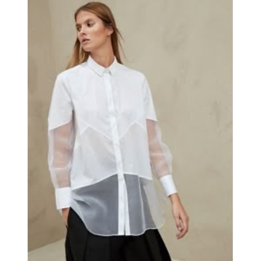 Brunello Cucinelli White Sheer Organza Panel Monili Trim Shirt Italian Sz M